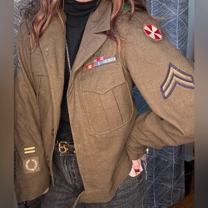 Vintage Military Jacket Wool Olive Green Patches Ribbon‎ Size 36L